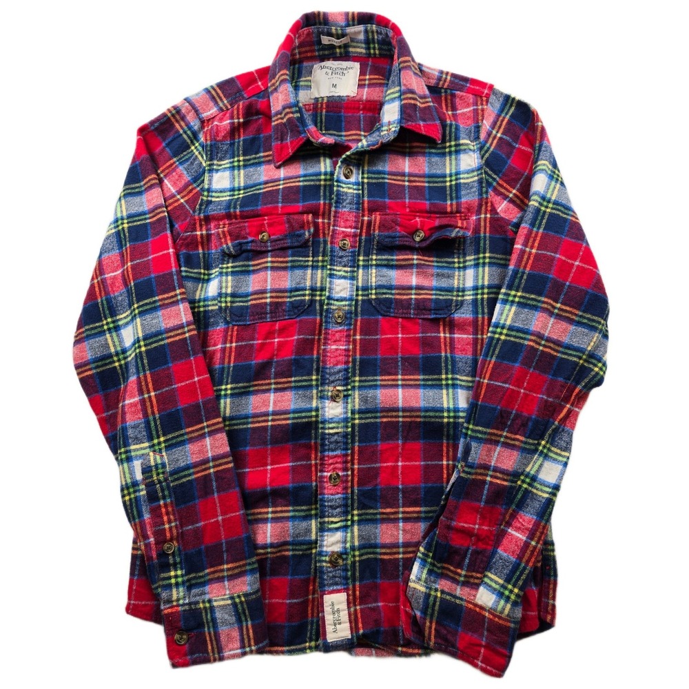 Abercrombie & Fitch Flannel Shirt‎ Mens Medium Red Blue Plaid Cotton Muscle Fit